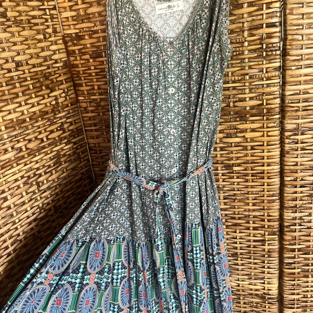 NATURAL LIFE Geometric Print Midi Dress - Blue and Green